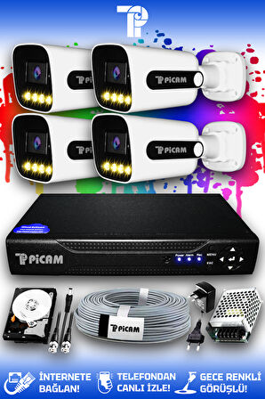 PICAM 4 Kameralı Zebra 4 Dış Kamera Set 250 GB HDD Full HD Renkli Gece Görüşlü Güvenlik Kamerası Sistemi