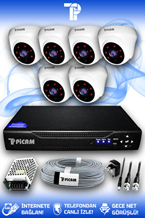 PICAM 6 Kameralı Dome 6 İç Kamera Set HDD'siz Full HD Gece Görüşlü Güvenlik Kamerası Sistemi