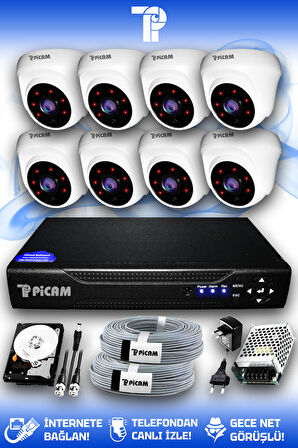 PICAM 8 Kameralı Dome 8 İç Kamera Set 250 GB HDD Full HD Gece Görüşlü Güvenlik Kamerası Sistemi