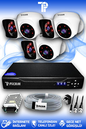PICAM 6 Kameralı Kare 3 İç Kamera Set HDD'siz Full HD Gece Görüşlü Güvenlik Kamerası Sistemi