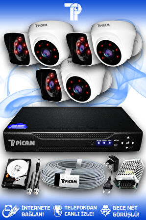 PICAM 6 Kameralı Kare 3 İç Kamera Set 250 GB HDD Full HD Gece Görüşlü Güvenlik Kamerası Sistemi