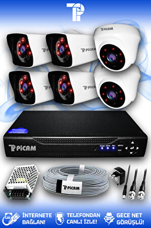 PICAM 6 Kameralı Kare 2 İç Kamera Set HDD'siz Full HD Gece Görüşlü Güvenlik Kamerası Sistemi