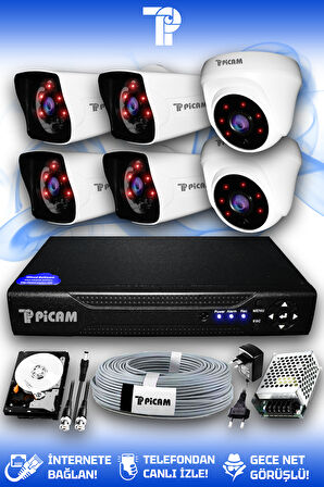 PICAM 6 Kameralı Kare 2 İç Kamera Set 100 GB HDD Full HD Gece Görüşlü Güvenlik Kamerası Sistemi