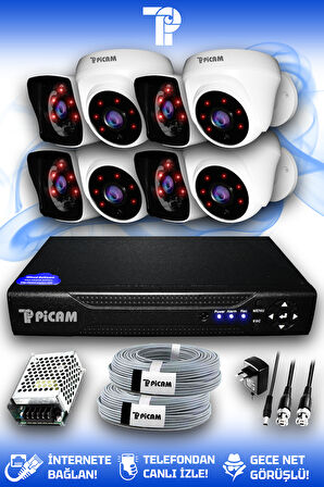 PICAM 8 Kameralı Kare 4 İç Kamera Set HDD'siz Full HD Gece Görüşlü Güvenlik Kamerası Sistemi
