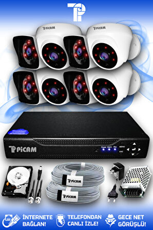 PICAM 8 Kameralı Kare 4 İç Kamera Set 100 GB HDD Full HD Gece Görüşlü Güvenlik Kamerası Sistemi