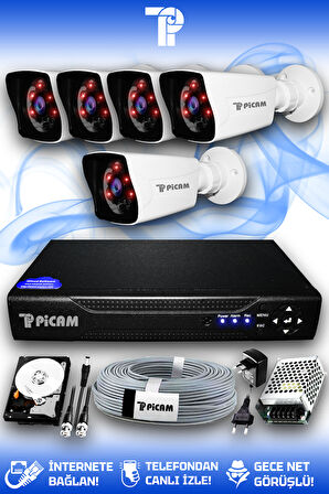 PICAM 5 Kameralı Kare 5 Dış Kamera Set 250 GB HDD Full HD Gece Görüşlü Güvenlik Kamerası Sistemi
