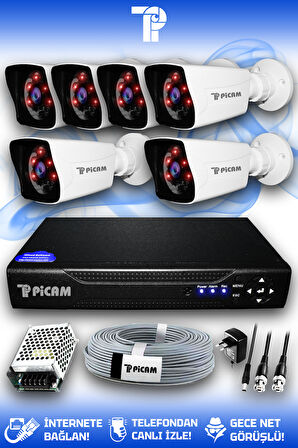 PICAM 6 Kameralı Kare 6 Dış Kamera Set HDD'siz Full HD Gece Görüşlü Güvenlik Kamerası Sistemi