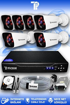 PICAM 6 Kameralı Kare 6 Dış Kamera Set 500 GB HDD Full HD Gece Görüşlü Güvenlik Kamerası Sistemi