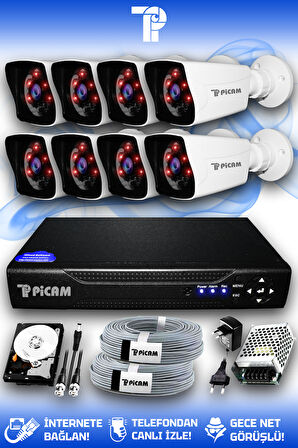 PICAM 8 Kameralı Kare 8 Dış Kamera Set 100 GB HDD Full HD Gece Görüşlü Güvenlik Kamerası Sistemi
