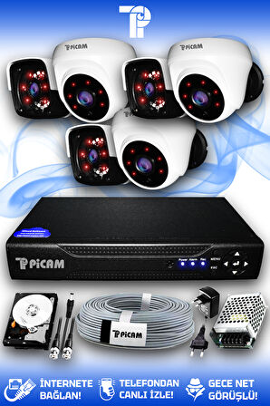 PICAM 6 Kameralı Panda 3 İç Kamera Set 100 GB HDD Full HD Gece Görüşlü Güvenlik Kamerası Sistemi
