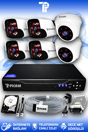 PICAM 6 Kameralı Panda 2 İç Kamera Set 100 GB HDD Full HD Gece Görüşlü Güvenlik Kamerası Sistemi