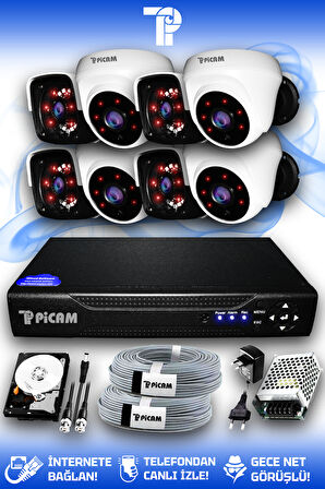 PICAM 8 Kameralı Panda 4 İç Kamera Set 100 GB HDD Full HD Gece Görüşlü Güvenlik Kamerası Sistemi