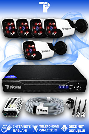 PICAM 5 Kameralı Panda 5 Dış Kamera Set HDD'siz Full HD Gece Görüşlü Güvenlik Kamerası Sistemi