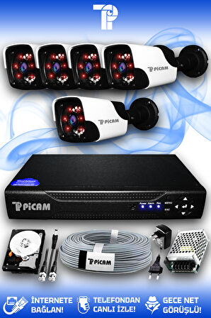 PICAM 5 Kameralı Panda 5 Dış Kamera Set 100 GB HDD Full HD Gece Görüşlü Güvenlik Kamerası Sistemi