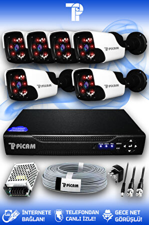 PICAM 6 Kameralı Panda 6 Dış Kamera Set HDD'siz Full HD Gece Görüşlü Güvenlik Kamerası Sistemi