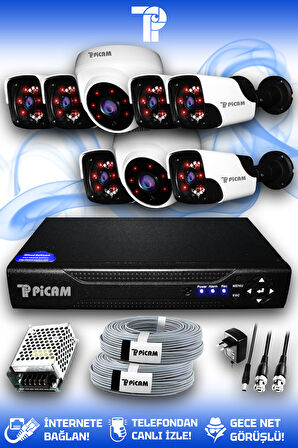 PICAM 8 Kameralı Panda 2 İç Kamera Set HDD'siz Full HD Gece Görüşlü Güvenlik Kamerası Sistemi
