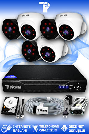 PICAM 6 Kameralı Uzay 3 İç Kamera Set 500 GB HDD Full HD Gece Görüşlü Güvenlik Kamerası Sistemi