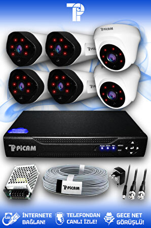 PICAM 6 Kameralı Uzay 2 İç Kamera Set HDD'siz Full HD Gece Görüşlü Güvenlik Kamerası Sistemi