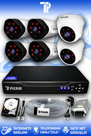 PICAM 6 Kameralı Uzay 2 İç Kamera Set 100 GB HDD Full HD Gece Görüşlü Güvenlik Kamerası Sistemi