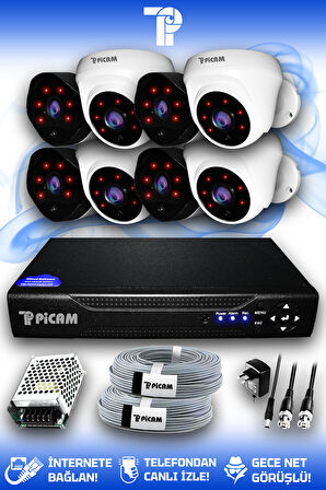 PICAM 8 Kameralı Uzay 4 İç Kamera Set HDD'siz Full HD Gece Görüşlü Güvenlik Kamerası Sistemi