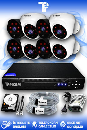 PICAM 8 Kameralı Uzay 4 İç Kamera Set 2 TB HDD Full HD Gece Görüşlü Güvenlik Kamerası Sistemi