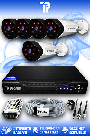 PICAM 5 Kameralı Uzay 5 Dış Kamera Set HDD'siz Full HD Gece Görüşlü Güvenlik Kamerası Sistemi