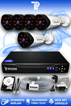 PICAM 5 Kameralı Uzay 5 Dış Kamera Set 100 GB HDD Full HD Gece Görüşlü Güvenlik Kamerası Sistemi