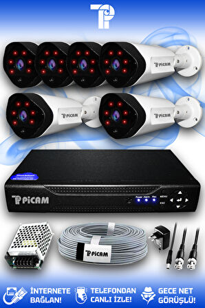 PICAM 6 Kameralı Uzay 6 Dış Kamera Set HDD'siz Full HD Gece Görüşlü Güvenlik Kamerası Sistemi