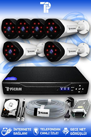 PICAM 6 Kameralı Uzay 6 Dış Kamera Set 100 GB HDD Full HD Gece Görüşlü Güvenlik Kamerası Sistemi