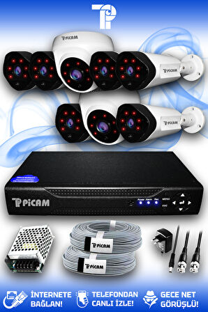 PICAM 8 Kameralı Uzay 2 İç Kamera Set HDD'siz Full HD Gece Görüşlü Güvenlik Kamerası Sistemi