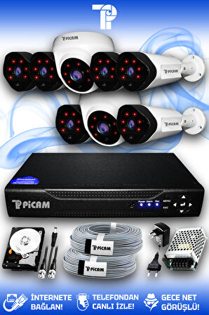 PICAM 8 Kameralı Uzay 2 İç Kamera Set 250 GB HDD Full HD Gece Görüşlü Güvenlik Kamerası Sistemi