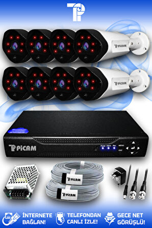 PICAM 8 Kameralı Uzay 8 Dış Kamera Set HDD'siz Full HD Gece Görüşlü Güvenlik Kamerası Sistemi