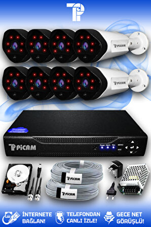 PICAM 8 Kameralı Uzay 8 Dış Kamera Set 250 GB HDD Full HD Gece Görüşlü Güvenlik Kamerası Sistemi