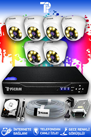 PICAM 6 Kameralı Dome 6 İç Kamera Set 100 GB HDD Full HD Renkli Gece Görüşlü Güvenlik Kamerası Sistemi