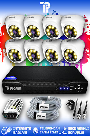 PICAM 8 Kameralı Dome 8 İç Kamera Set HDD'siz Full HD Renkli Gece Görüşlü Güvenlik Kamerası Sistemi