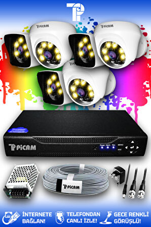 PICAM 6 Kameralı Kare 3 İç Kamera Set HDD'siz Full HD Renkli Gece Görüşlü Güvenlik Kamerası Sistemi