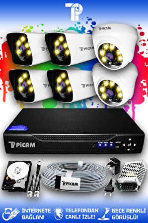 PICAM 6 Kameralı Kare 2 İç Kamera Set 100 GB HDD Full HD Renkli Gece Görüşlü Güvenlik Kamerası Sistemi