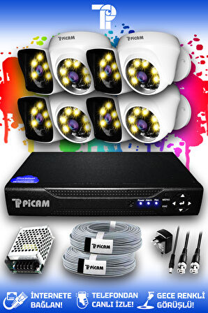 PICAM 8 Kameralı Kare 4 İç Kamera Set HDD'siz Full HD Renkli Gece Görüşlü Güvenlik Kamerası Sistemi