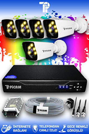 PICAM 5 Kameralı Kare 5 Dış Kamera Set HDD'siz Full HD Renkli Gece Görüşlü Güvenlik Kamerası Sistemi
