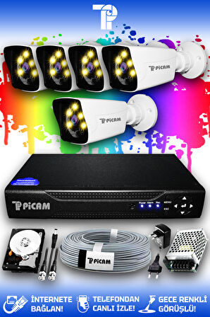 PICAM 5 Kameralı Kare 5 Dış Kamera Set 250 GB HDD Full HD Renkli Gece Görüşlü Güvenlik Kamerası Sistemi