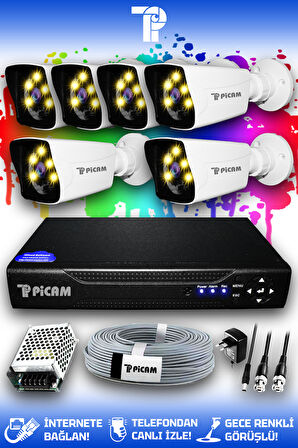 PICAM 6 Kameralı Kare 6 Dış Kamera Set HDD'siz Full HD Renkli Gece Görüşlü Güvenlik Kamerası Sistemi