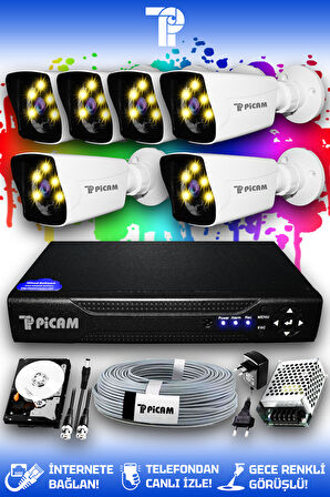 PICAM 6 Kameralı Kare 6 Dış Kamera Set 100 GB HDD Full HD Renkli Gece Görüşlü Güvenlik Kamerası Sistemi