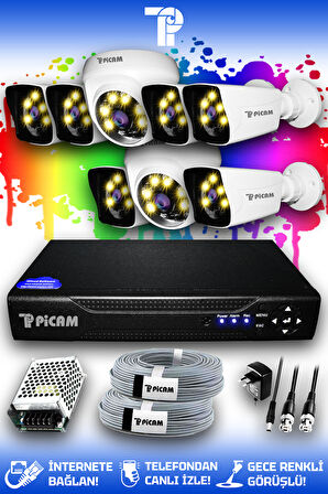 PICAM 8 Kameralı Kare 2 İç Kamera Set HDD'siz Full HD Renkli Gece Görüşlü Güvenlik Kamerası Sistemi