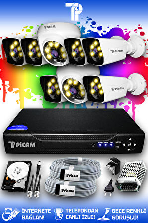 PICAM 8 Kameralı Kare 2 İç Kamera Set 100 GB HDD Full HD Renkli Gece Görüşlü Güvenlik Kamerası Sistemi