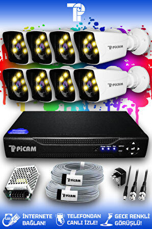 PICAM 8 Kameralı Kare 8 Dış Kamera Set HDD'siz Full HD Renkli Gece Görüşlü Güvenlik Kamerası Sistemi