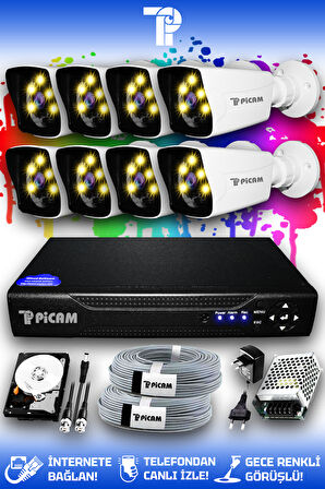 PICAM 8 Kameralı Kare 8 Dış Kamera Set 100 GB HDD Full HD Renkli Gece Görüşlü Güvenlik Kamerası Sistemi