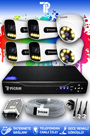 PICAM 6 Kameralı Zebra 2 İç Kamera Set HDD'siz Full HD Renkli Gece Görüşlü Güvenlik Kamerası Sistemi