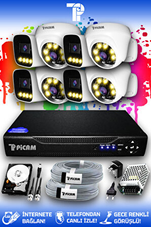PICAM 8 Kameralı Zebra 4 İç Kamera Set 100 GB HDD Full HD Renkli Gece Görüşlü Güvenlik Kamerası Sistemi