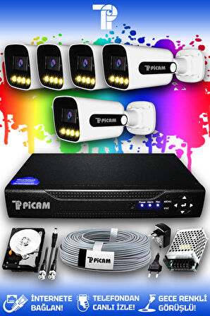PICAM 5 Kameralı Zebra 5 Dış Kamera Set 100 GB HDD Full HD Renkli Gece Görüşlü Güvenlik Kamerası Sistemi