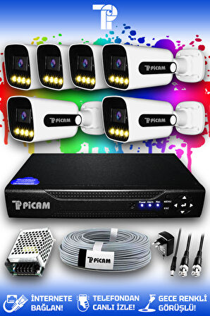 PICAM 6 Kameralı Zebra 6 Dış Kamera Set HDD'siz Full HD Renkli Gece Görüşlü Güvenlik Kamerası Sistemi